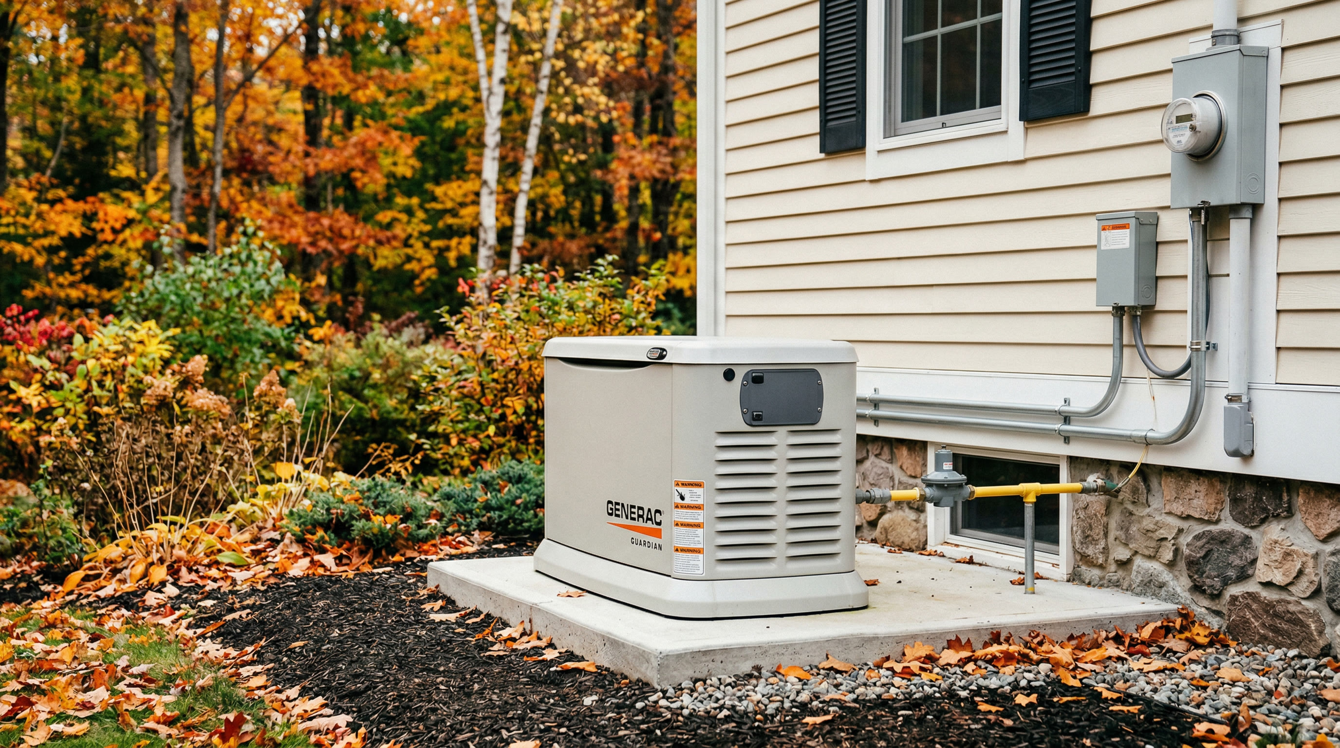 Professional Generac standby generator installation next to a New England home
